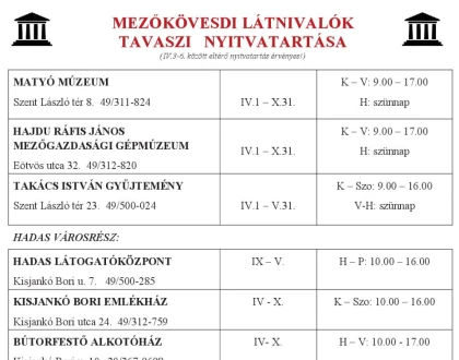 Látnivalók tavaszi nyitvatartása 05.31-ig - Balneo Hotel